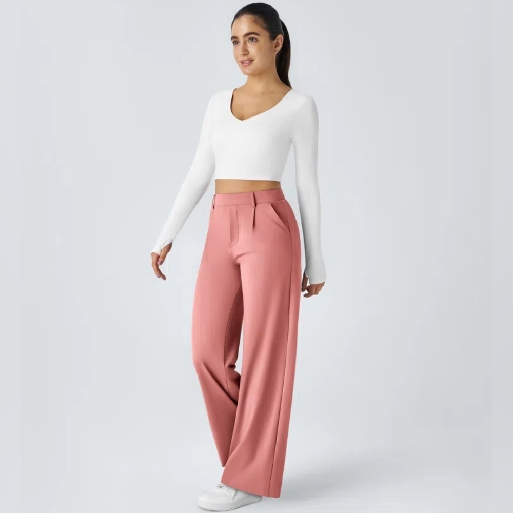 Nwt! Halara High Waisted Side Pocket Straight Leg Work Pants, Candy Pink - Picture 3 of 10